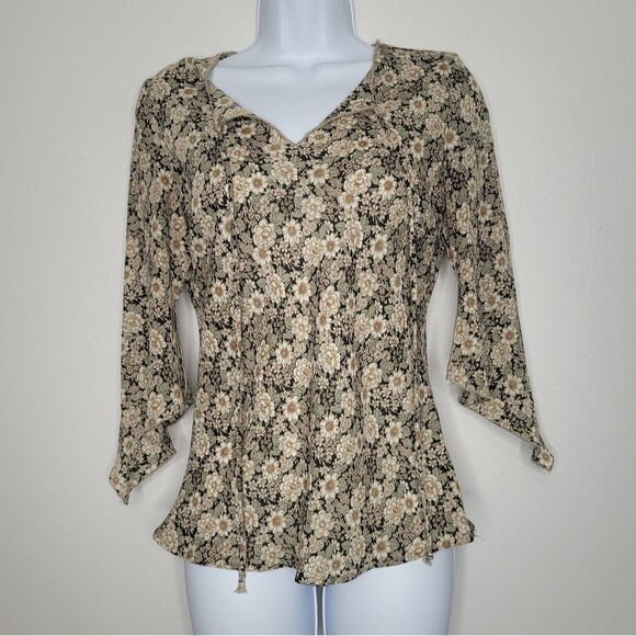 Vintage 90s tan retro flower print 3/4 sleeve Stevie Nicks top size small - Picture 1 of 6